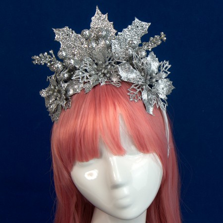 Аксесуар новорічний обідок 52004 Блиск з листочками (срібний)