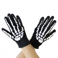 Перчатки Хэллоуин Скелета 24см (черные с белым)