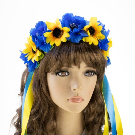 Украинский веночек с лентами на ободке Ярина 2832 (желто-голубой)