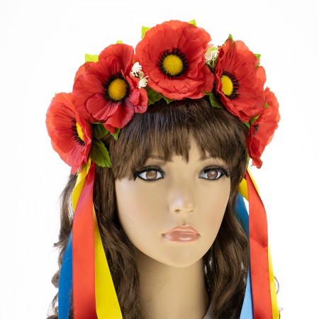 Український віночок зі стрічками на обідку Пава з червоними маками 4143