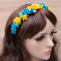 Український віночок квітковий на обідку 12201 з трояндочками (блакитний з жовтим)