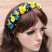 Український віночок квітковий на обідку 12203 з калиною (блакитний з жовтим)