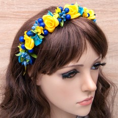 Украинский веночек цветочный на ободке 12203 с калиной (голубой с желтым)
