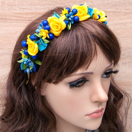 Украинский веночек цветочный на ободке 12203 с калиной (голубой с желтым)