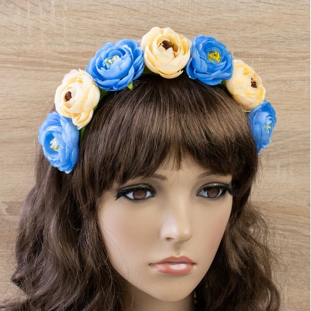 Український віночок квітковий на обідку Рада 13689 (блакитний з бежевим)