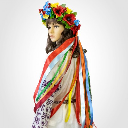 Украинский веночек объемный с лентами на голову Василина 13705