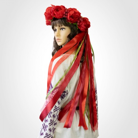 Украинский веночек объемный с лентами на голову Радмила 13704