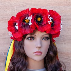 Украинский веночек с лентами на ободке Рута с большими маками 3264