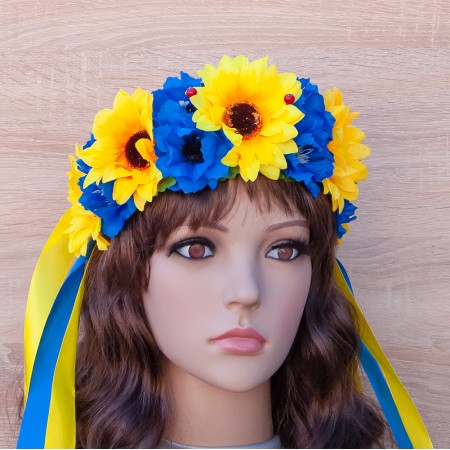 Український віночок зі стрічками на обідку Ярослава 12223 (жовтий із синім)