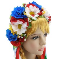 Украинский веночек с лентами на ободке Злата с ромашками 3561