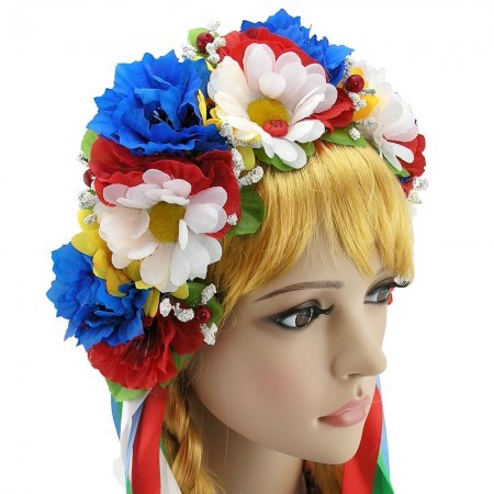 Украинский веночек с лентами на ободке Злата с ромашками 3561