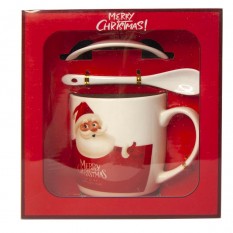Набор Новогодний чашка с ложкой и крышкой 14292 Санта (красный)